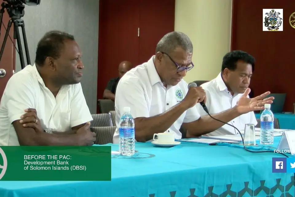 The CEO of DBSI Tukana Borovo (centre) with two other senior managers appearing before the Public Accounts Committee (PAC).