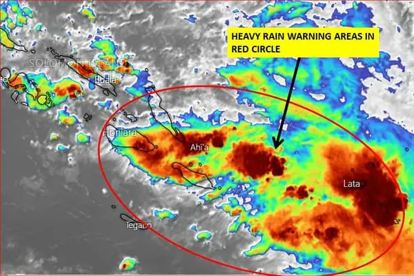 A convergence zone lies over the Solomon Islands, which will result in heavy rain and thunderstorms.
