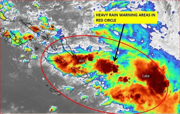 A convergence zone lies over the Solomon Islands, which will result in heavy rain and thunderstorms.