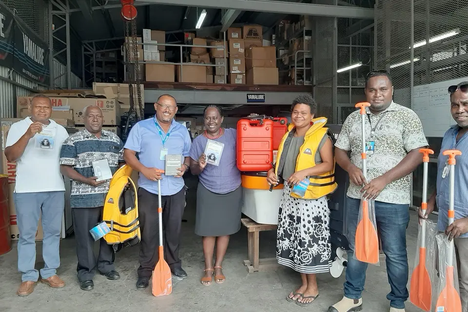 Dr Zelalem Taffesse of UNICEF with the Permanent Secretary of the Ministry of Health and Medical Services Ms Pauline McNeil and her staff during the handover.