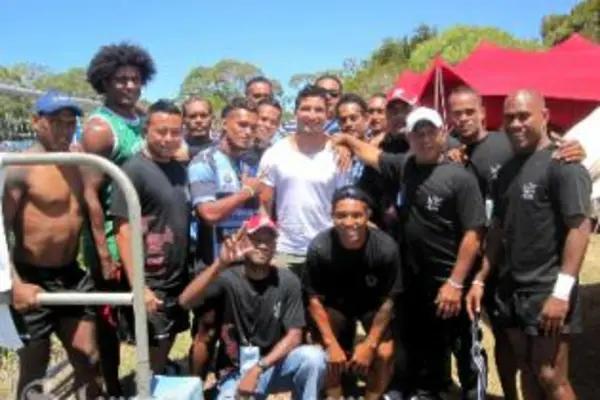 Avaiki team meeting up with Wallaby players, Radike Samo and Anthony Faingaa.