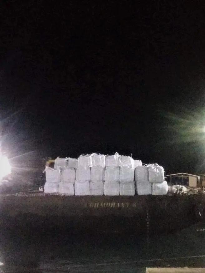The cargo onboard the MV Worship Light being offloaded at a private wharf at Ranandi.