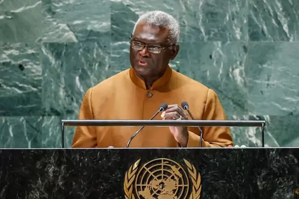 Solomon Islands Prime Minister Manasseh Sogavare addresses the UN General Assembly in New York City, US, on Sep 22, 2023. 