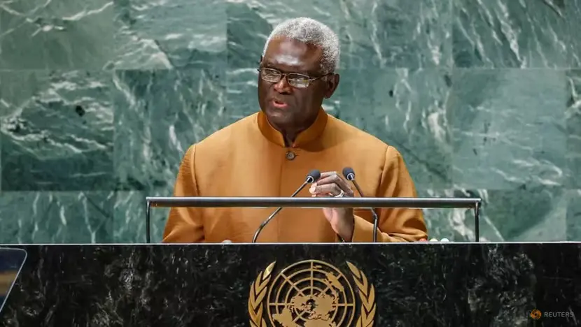 Solomon Islands Prime Minister Manasseh Sogavare addresses the UN General Assembly in New York City, US, on Sep 22, 2023.