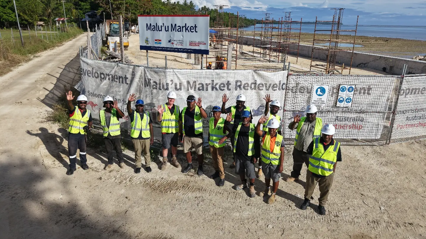 Workers at the Malu'u Market redevelopment site in North Malaita, a project delivered by local contractors.