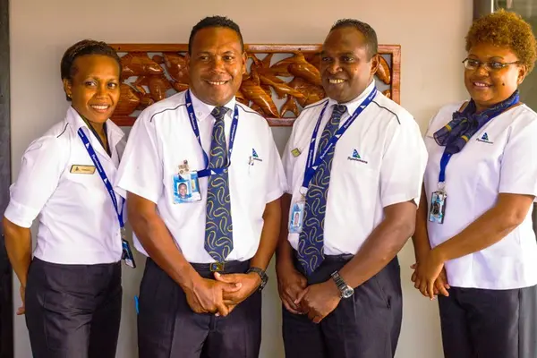 Ready for Airbus A320 duty, Primula Sipolo, Paul Boka, Benza Tahuirao and Everlyn Siriurao.