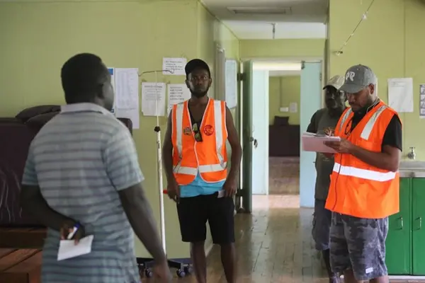 Ministry of Infrastructure Development architects assessing the PJ Twomey Memorial Hospital COVID-19 isolation unit at Sasamunga, South of Choiseul Province. 