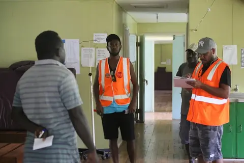 Ministry of Infrastructure Development architects assessing the PJ Twomey Memorial Hospital COVID-19 isolation unit at Sasamunga, South of Choiseul Province.