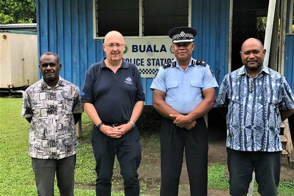 (L-R) Foreign Affairs Minister Jeremiah Manele, Australian High Commissioner Dr Lachlan Strahan, Provincial Police Commander Leonard Tahimana and Health Minister Dr Culwick Togamana.