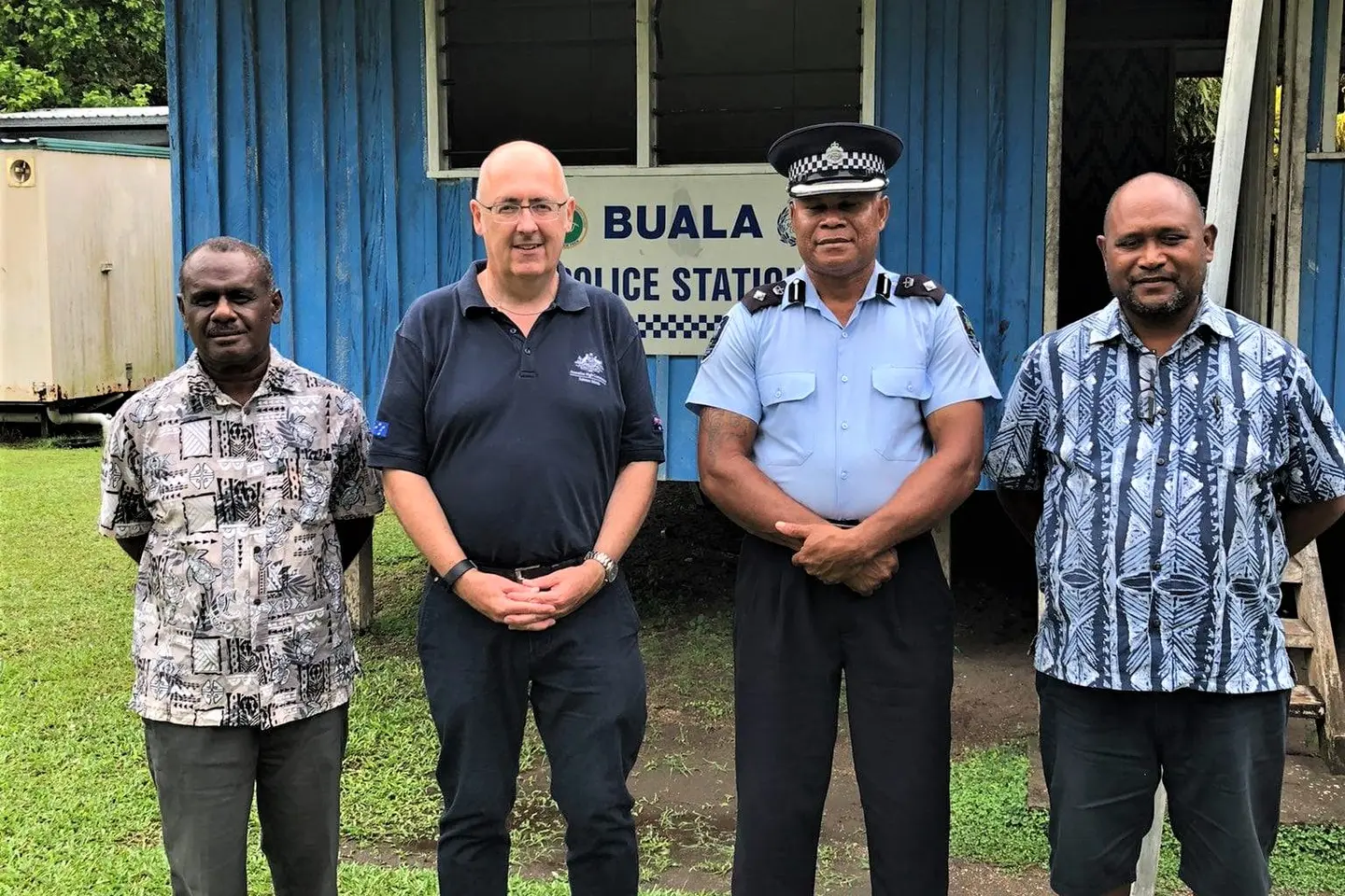 (L-R) Foreign Affairs Minister Jeremiah Manele, Australian High Commissioner Dr Lachlan Strahan, Provincial Police Commander Leonard Tahimana and Health Minister Dr Culwick Togamana.