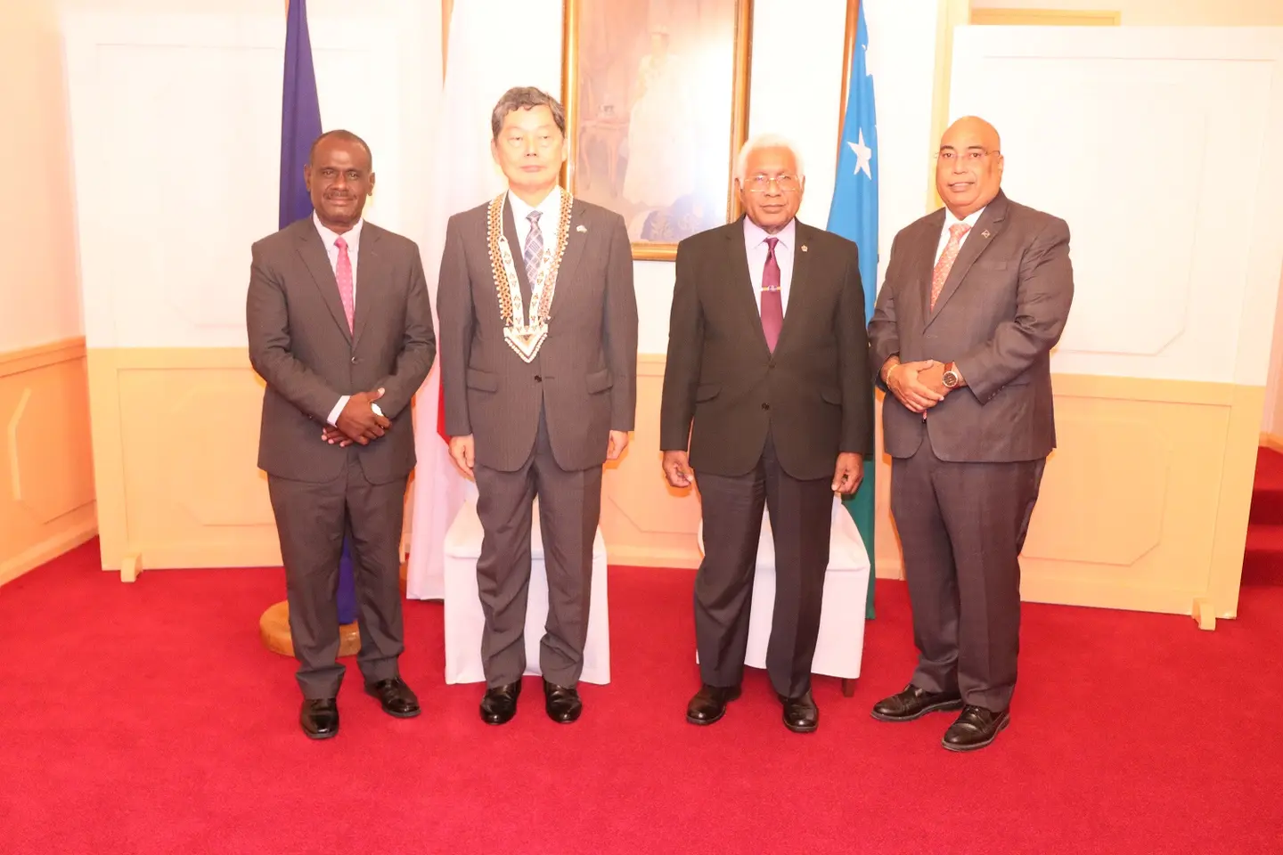 Governor General and Japanese Ambassador flanked by Foreign Affairs and External Trade Hon. Jeremiah Manele and Permanent Secretary Collin Beck.
