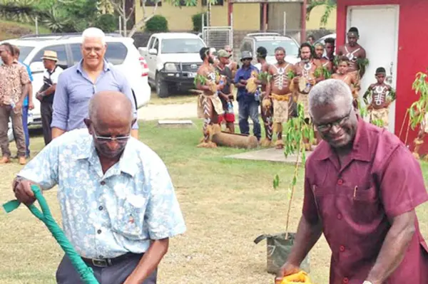 Pacific Games Council president Mr. Vidhya Lakhan (L) joins Solomon Islands Prime Minister, Hon. Manasseh Sogavare in the groundbreaking ceremony of the Solomon Islands Sports & Leadership Institute in Honiara last week. (Pacific Games Council)