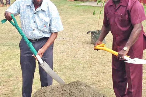 Pacific Games Council president Mr. Vidhya Lakhan (L) joins Solomon Islands Prime Minister, Hon. Manasseh Sogavare in the groundbreaking ceremony of the Solomon Islands Sports & Leadership Institute in Honiara last week. (Pacific Games Council)