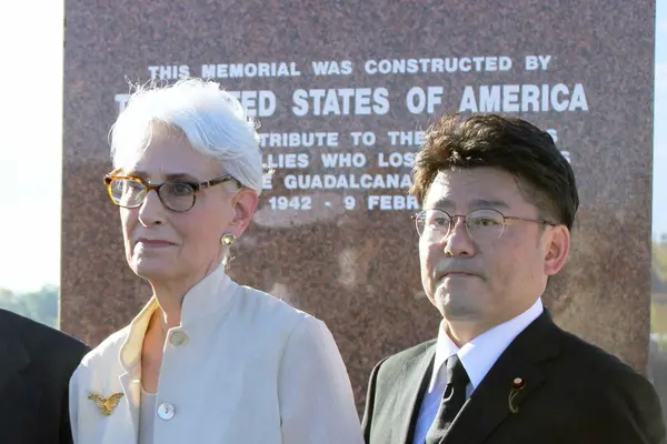 Makoto Oniki, Japan's state minister of defense and U.S. Deputy Secretary of State Wendy Sherman attend a ceremony to mark the 80th anniversary of the World War II Battle of Guadalcanal in Honiara, the capital of Solomon Islands, on Sunday