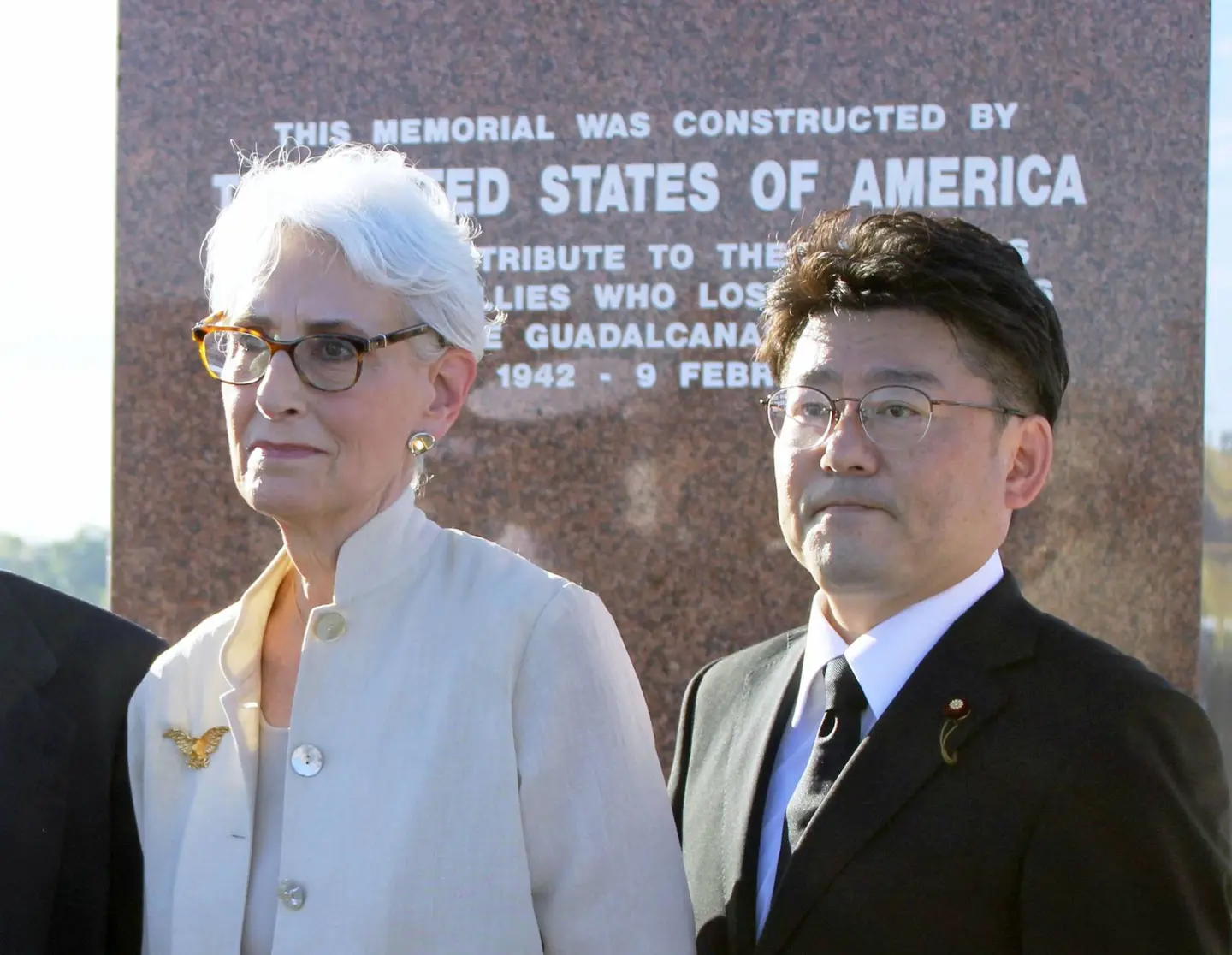 Makoto Oniki, Japan's state minister of defense and U.S. Deputy Secretary of State Wendy Sherman attend a ceremony to mark the 80th anniversary of the World War II Battle of Guadalcanal in Honiara, the capital of Solomon Islands, on Sunday