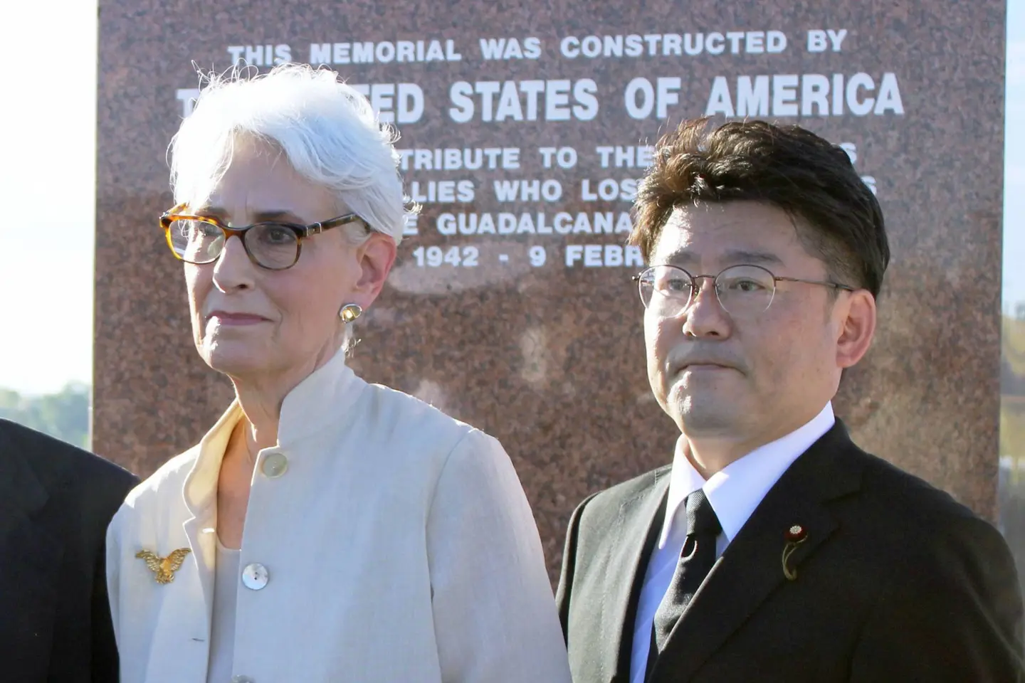Makoto Oniki, Japan's state minister of defense and U.S. Deputy Secretary of State Wendy Sherman attend a ceremony to mark the 80th anniversary of the World War II Battle of Guadalcanal in Honiara, the capital of Solomon Islands, on Sunday