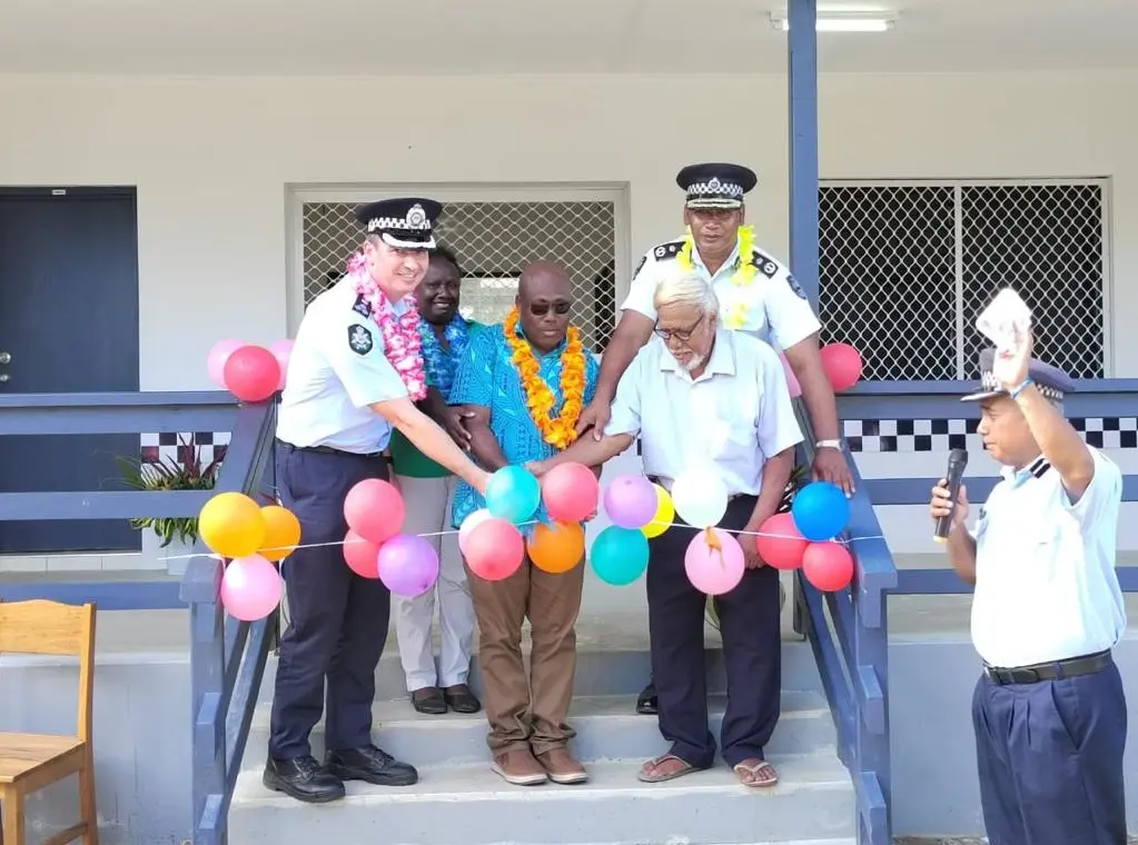RAPPP Acting Commander, MPNSCS Minister and PS, RSIPF Commissioner and an elder from Wagina community during the inspection and opening of the RSIPF Wagina Police Station.