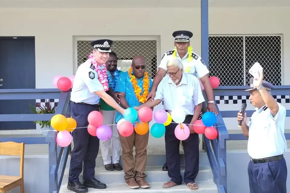 RAPPP Acting Commander, MPNSCS Minister and PS, RSIPF Commissioner and an elder from Wagina community during the inspection and opening of the RSIPF Wagina Police Station.
