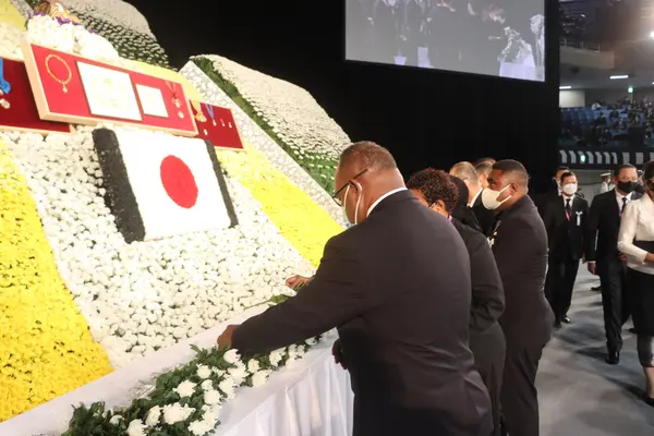 “I represent the government and people of Solomon Islands with a heavy heart to convey our deepest condolences to the family and the people and government of Japan as we farewell a great leader,” Maelanga said after laying flowers of condolences.