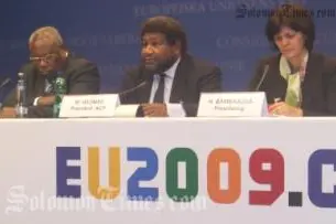 President of ACP Council and SI Minister of Foreign Affairs and External Trade William Haomae, centre, SG Secretary General Sir John Kaputin, left, and Vice-Foreign Minister of Czech Helena Bambasova.