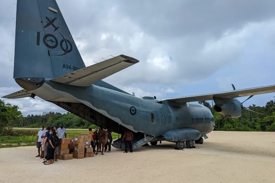 The Australian Defence Force C-27 on arrival in Lata, Temotu province, with the medical supplies.