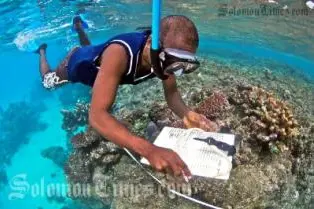 TDA marine monitor Bobbi Fio conducting a Reef Check survey on Tetepare Island.