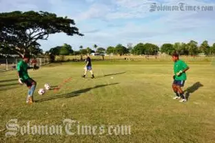 Locals goalkeepers, Bart Fisiniu and Dida Qwaina during training for the upcoming match.
