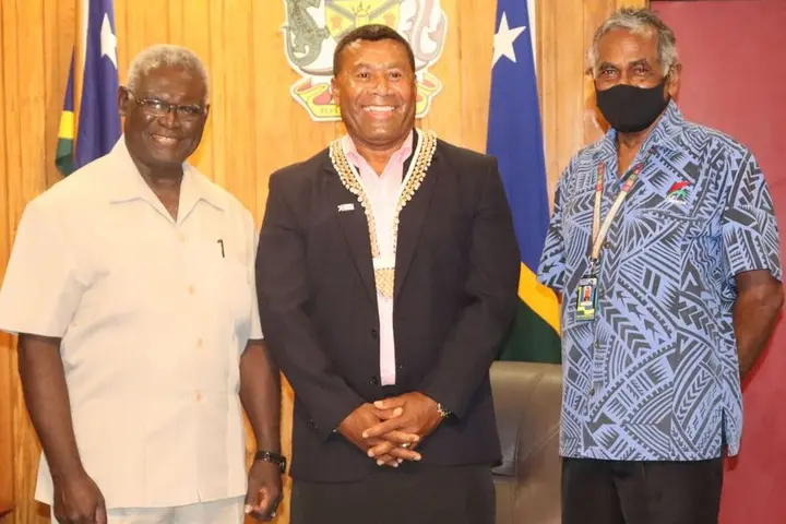 Prime Minister Manasseh Sogavare, Waisale Serevi and Secretary to the Prime Minister Dr Jimmie Rodgers.